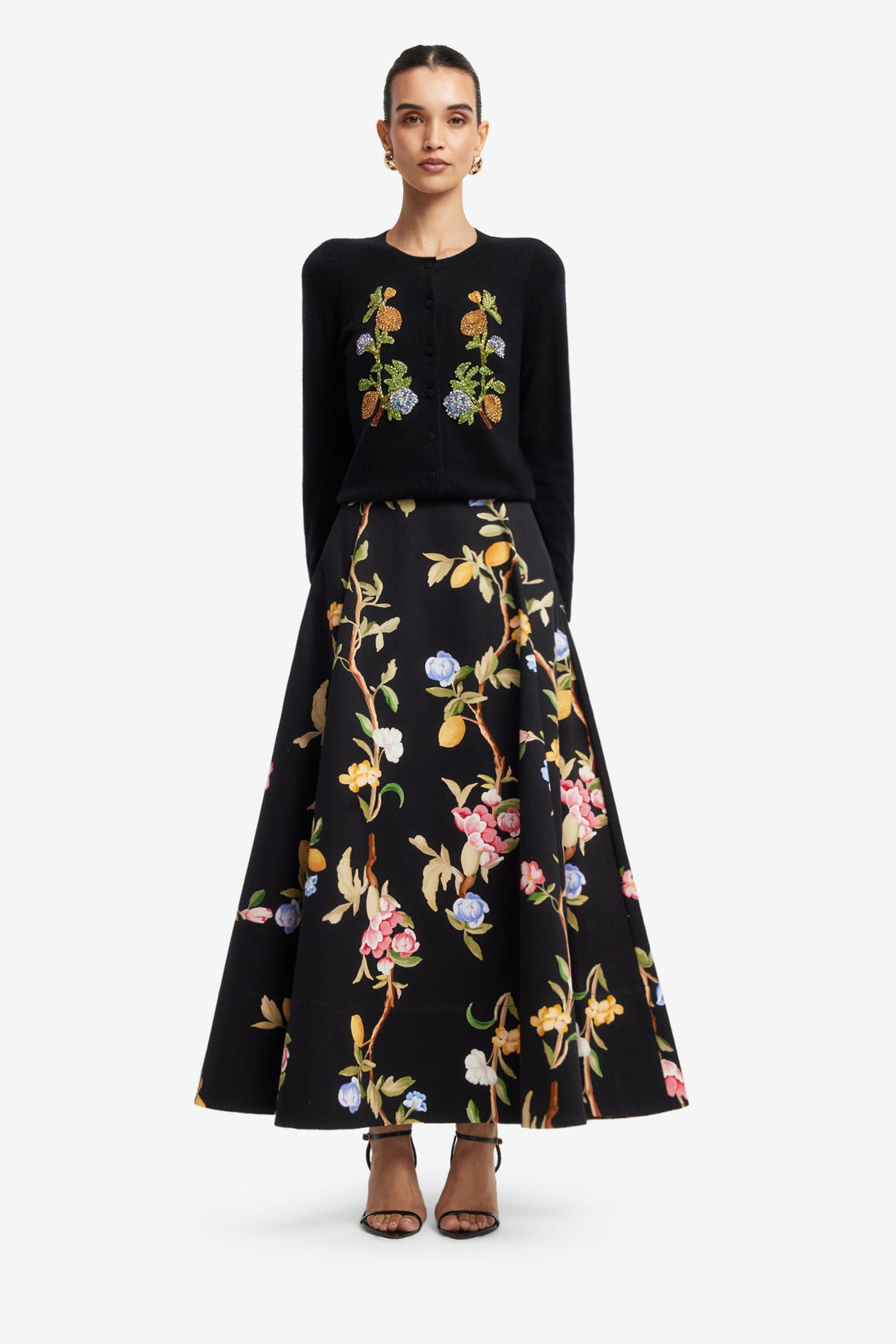 Elina Maxi Skirt - Lemon Vine Print in Ebony Skirts