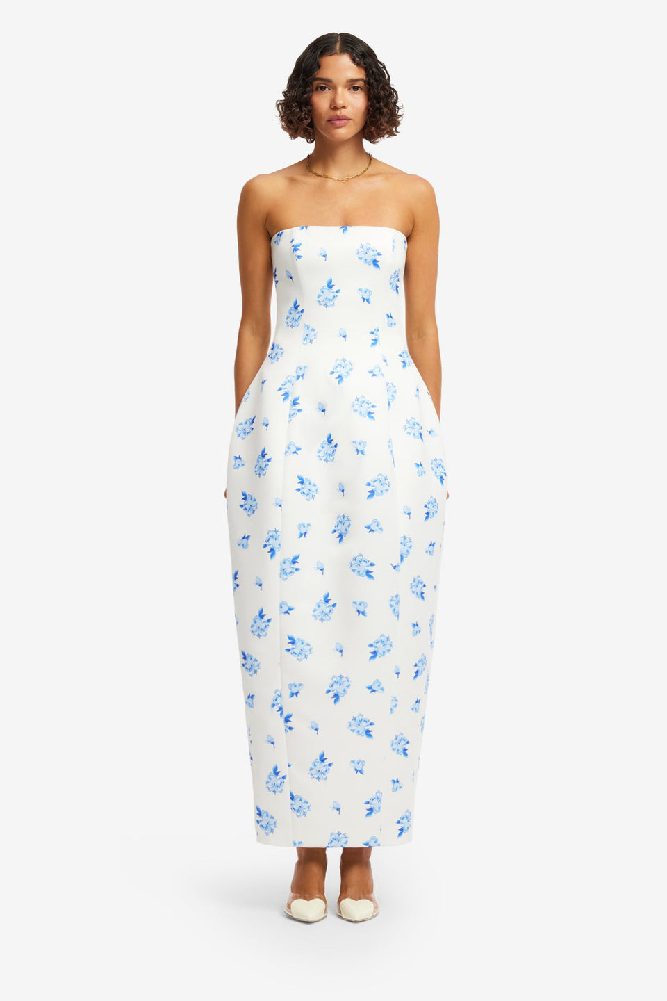 Jessica Cocoon Bustier Maxi Dress - Ditsy Floral Print in Snow Dress Maxi
