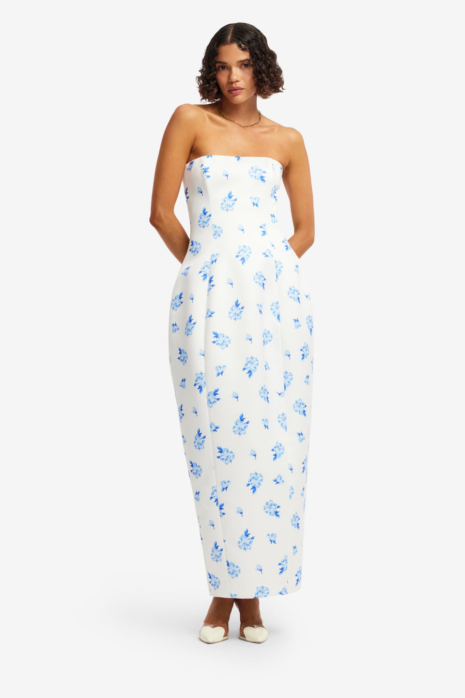 Jessica Cocoon Bustier Maxi Dress - Ditsy Floral Print in Snow Dress Maxi