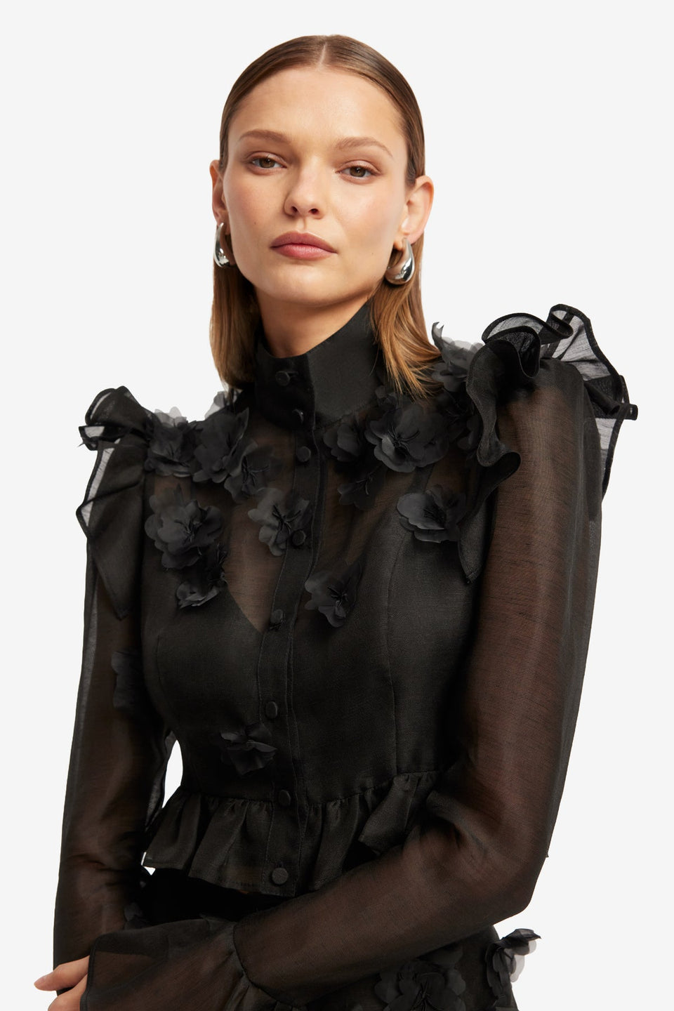 Maeve Petal Butterfly Long Sleeve Top - Ebony Tops