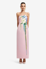 Rayna Embroidered Bustier Maxi Dress - Bouquet Print in Pastel Pink Dress Maxi