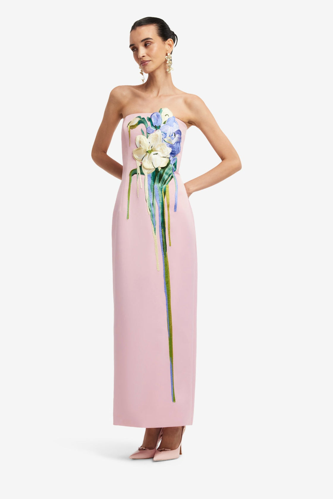 Rayna Embroidered Bustier Maxi Dress - Bouquet Print in Pastel Pink Dress Maxi