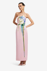 Rayna Embroidered Bustier Maxi Dress - Bouquet Print in Pastel Pink Dress Maxi