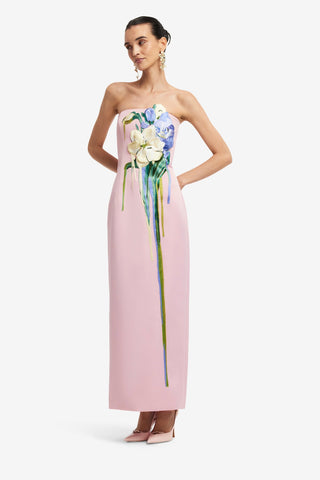 Rayna Embroidered Bustier Maxi Dress - Bouquet Print in Pastel Pink Dress Maxi
