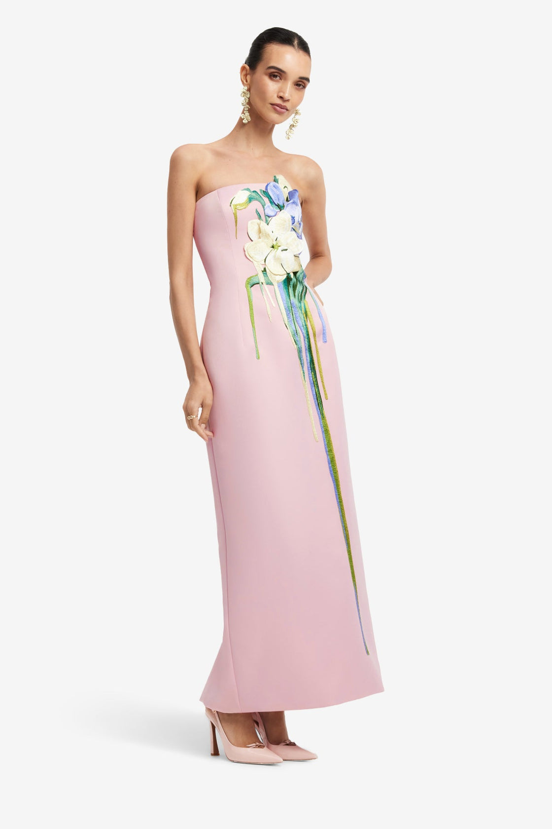 Rayna Embroidered Bustier Maxi Dress - Bouquet Print in Pastel Pink Dress Maxi