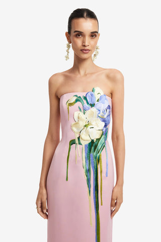Rayna Embroidered Bustier Maxi Dress - Bouquet Print in Pastel Pink Dress Maxi