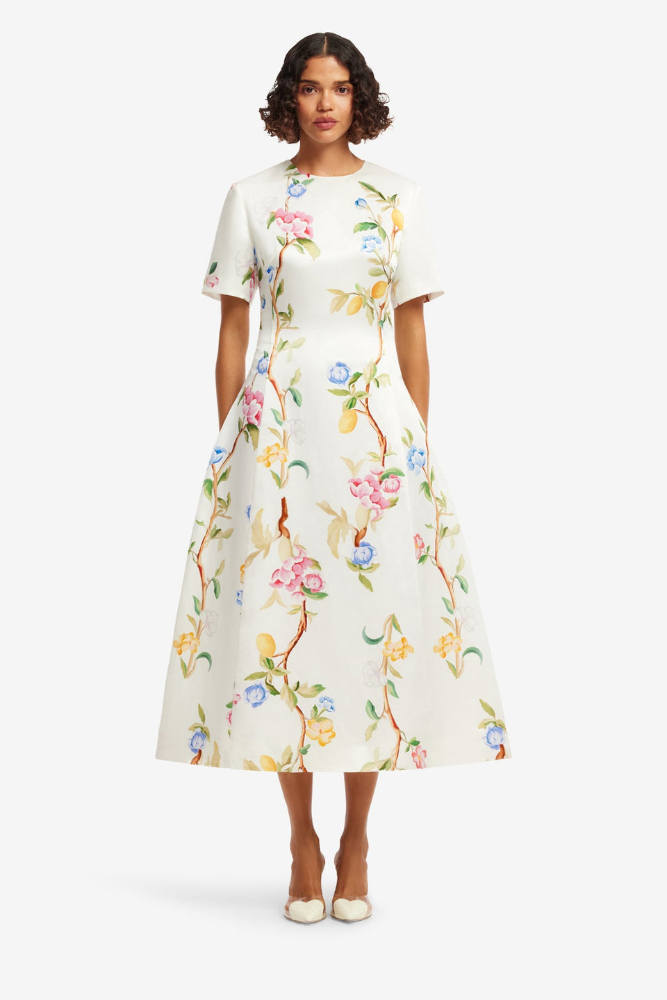 Exclusive LEO LIN Caroline Short Sleeve Midi Dress - Lemon Vine Print in Snow