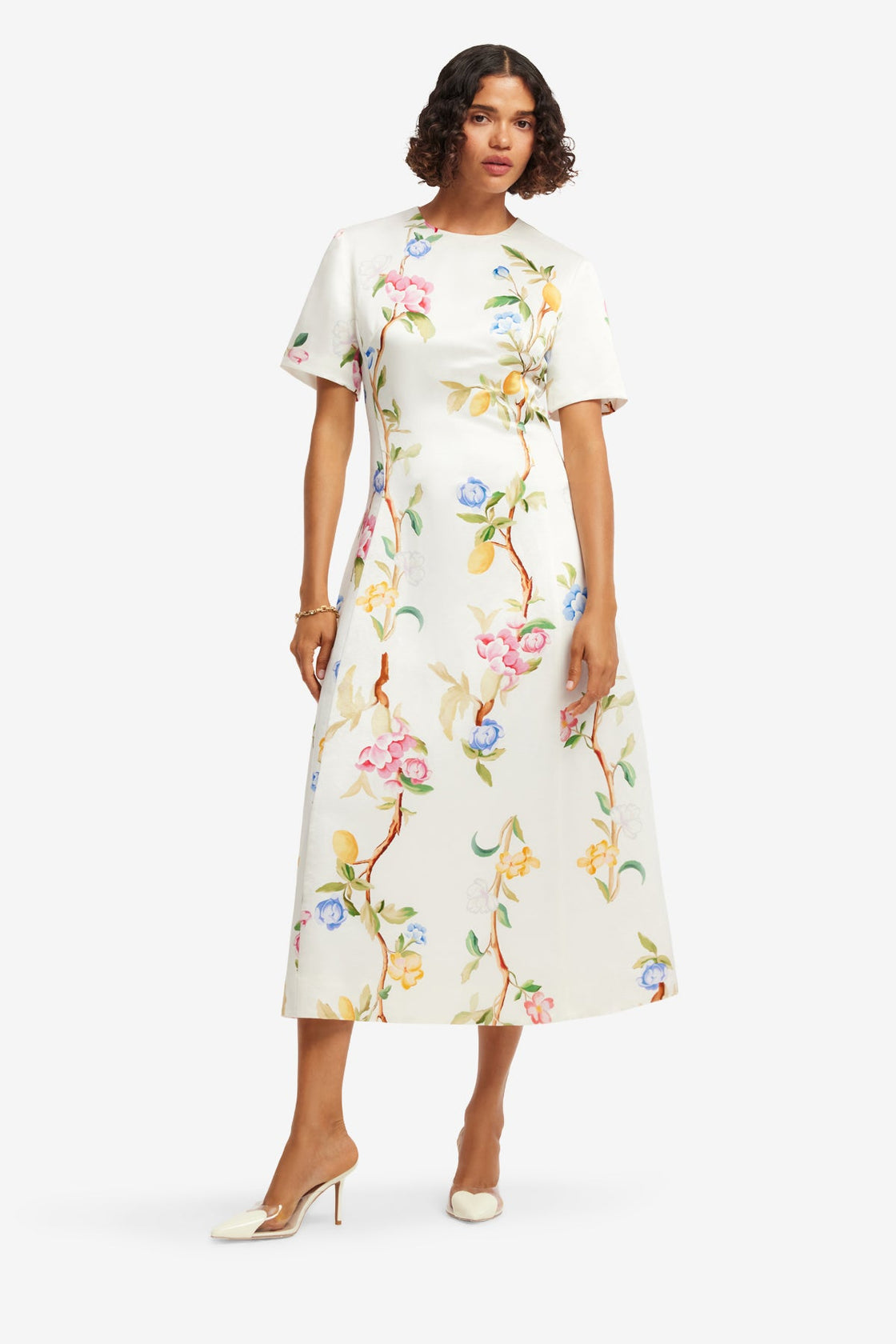 Caroline Short Sleeve Midi Dress - Lemon Vine Print in Snow Dress Midi