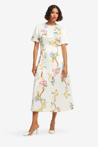 Caroline Short Sleeve Midi Dress - Lemon Vine Print in Snow Dress Midi