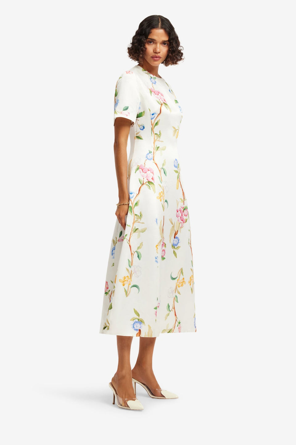 Exclusive LEO LIN Caroline Short Sleeve Midi Dress - Lemon Vine Print in Snow