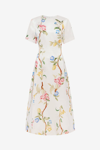 Caroline Short Sleeve Midi Dress - Lemon Vine Print in Snow Dress Midi