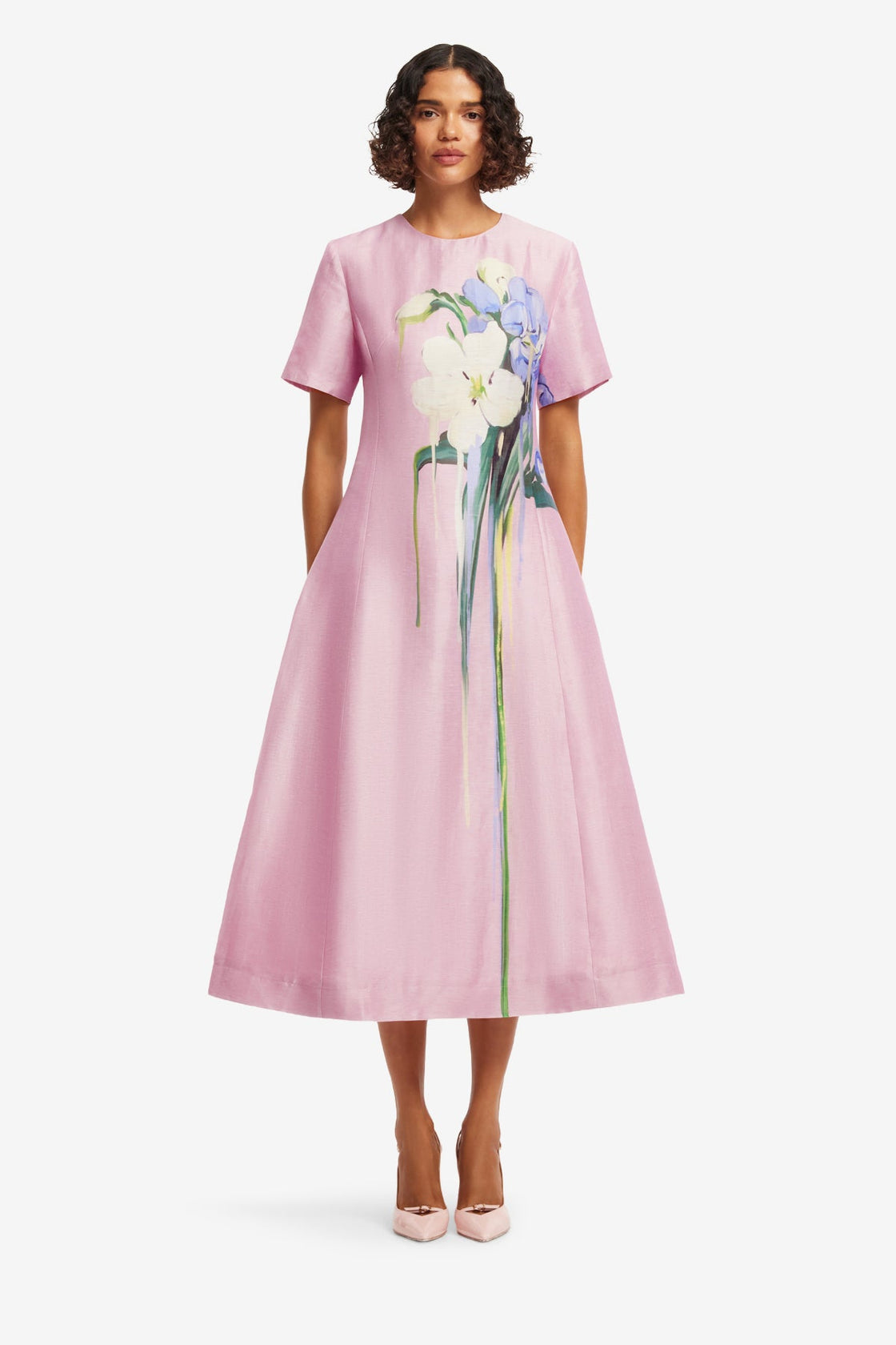 Exclusive LEO LIN Caroline Short Sleeve Midi Dress - Bouquet Print in Pastel Pink