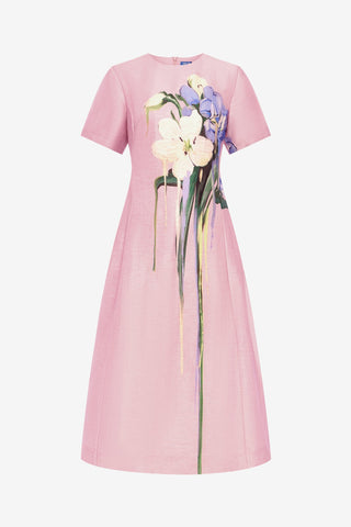 Exclusive LEO LIN Caroline Short Sleeve Midi Dress - Bouquet Print in Pastel Pink