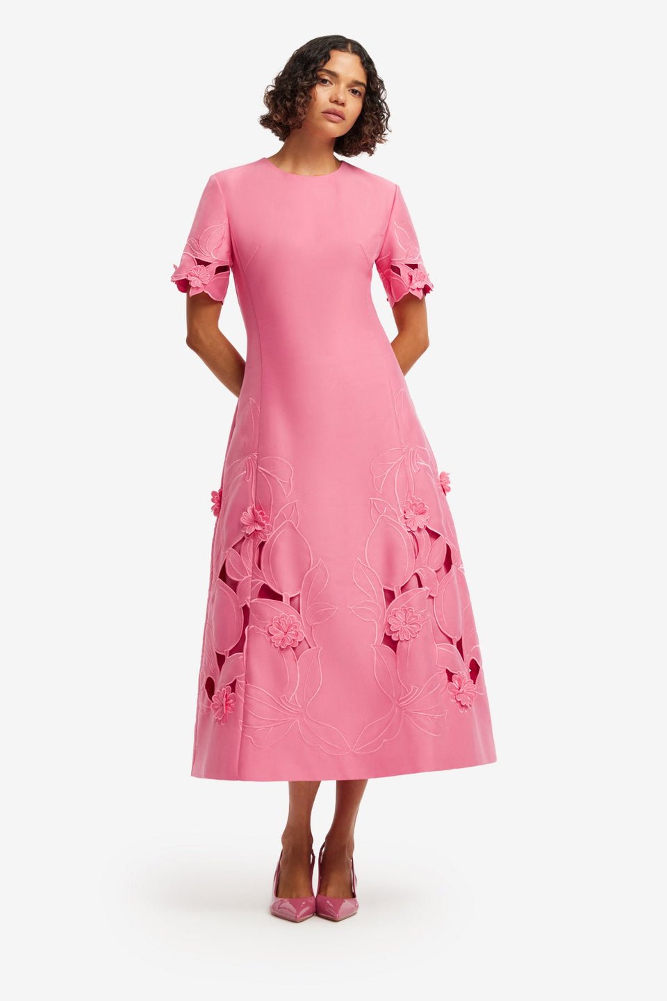 Exclusive LEO LIN Caroline Applique Short Sleeve Midi Dress - Fuchsia