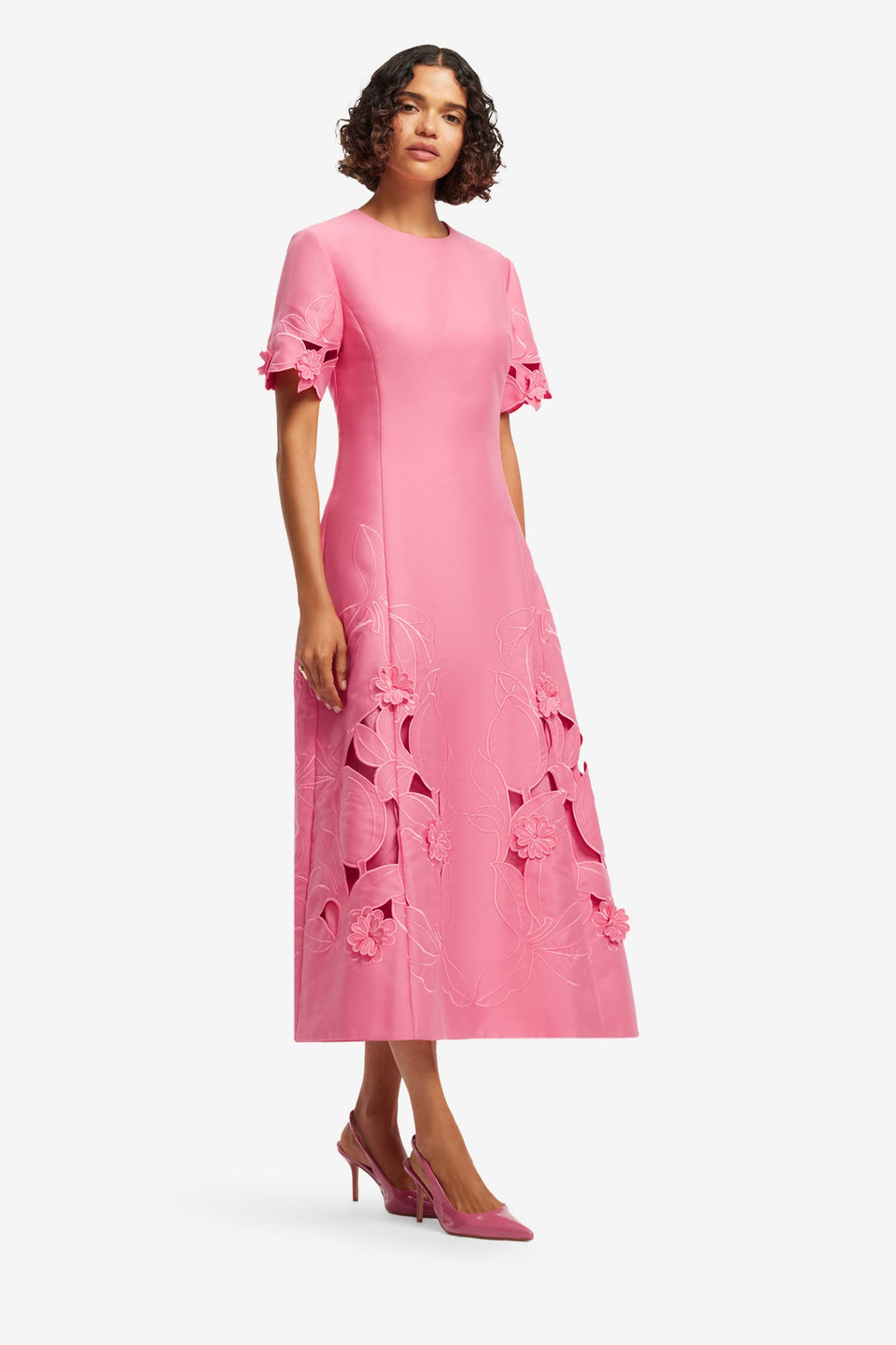 Exclusive LEO LIN Caroline Applique Short Sleeve Midi Dress - Fuchsia
