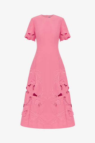 Caroline Appliqué Short Sleeve Midi Dress - Fuchsia Dress Midi