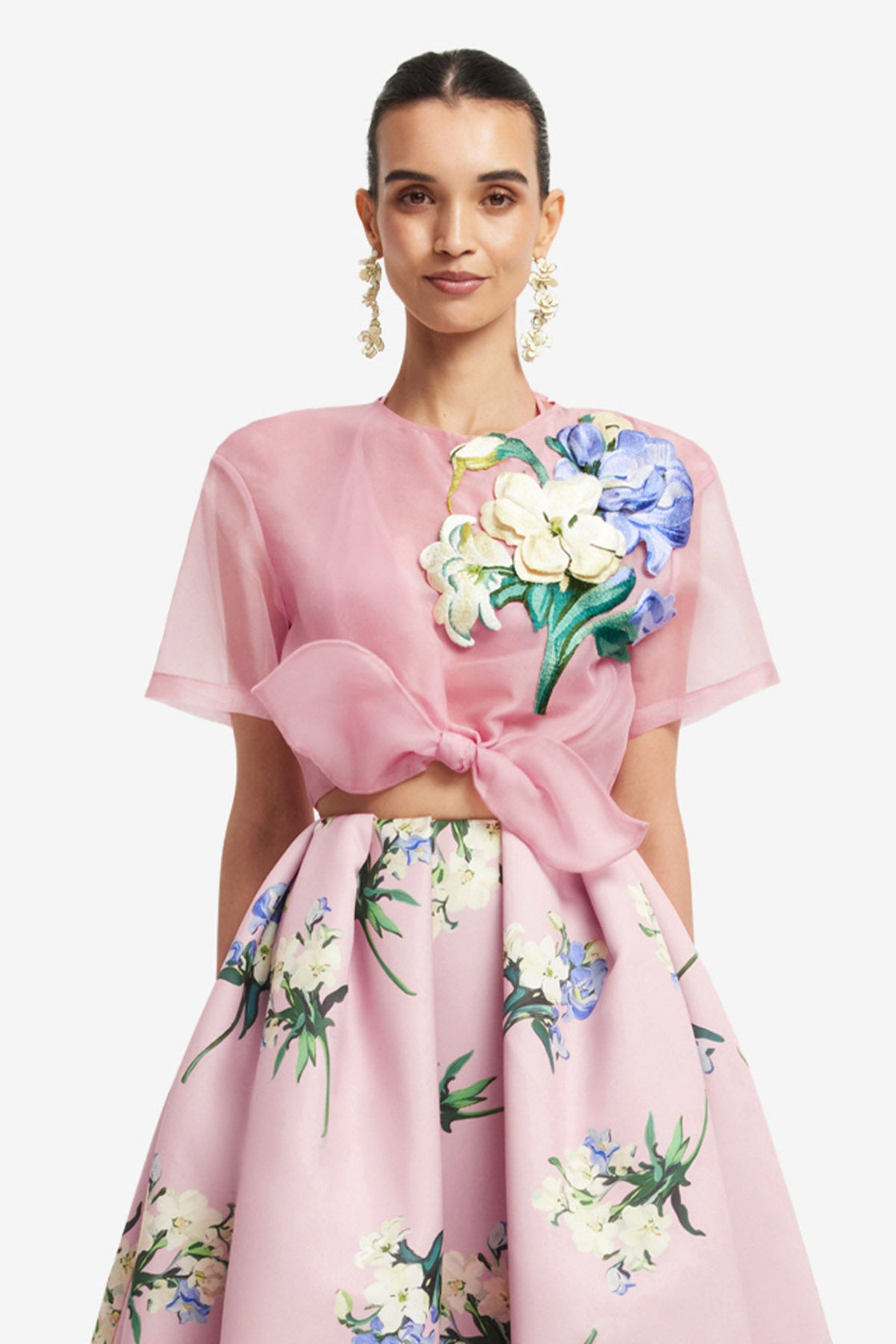 Riley Embroidered Sleeve Top - Bouquet Print in Pastel Pink Tops