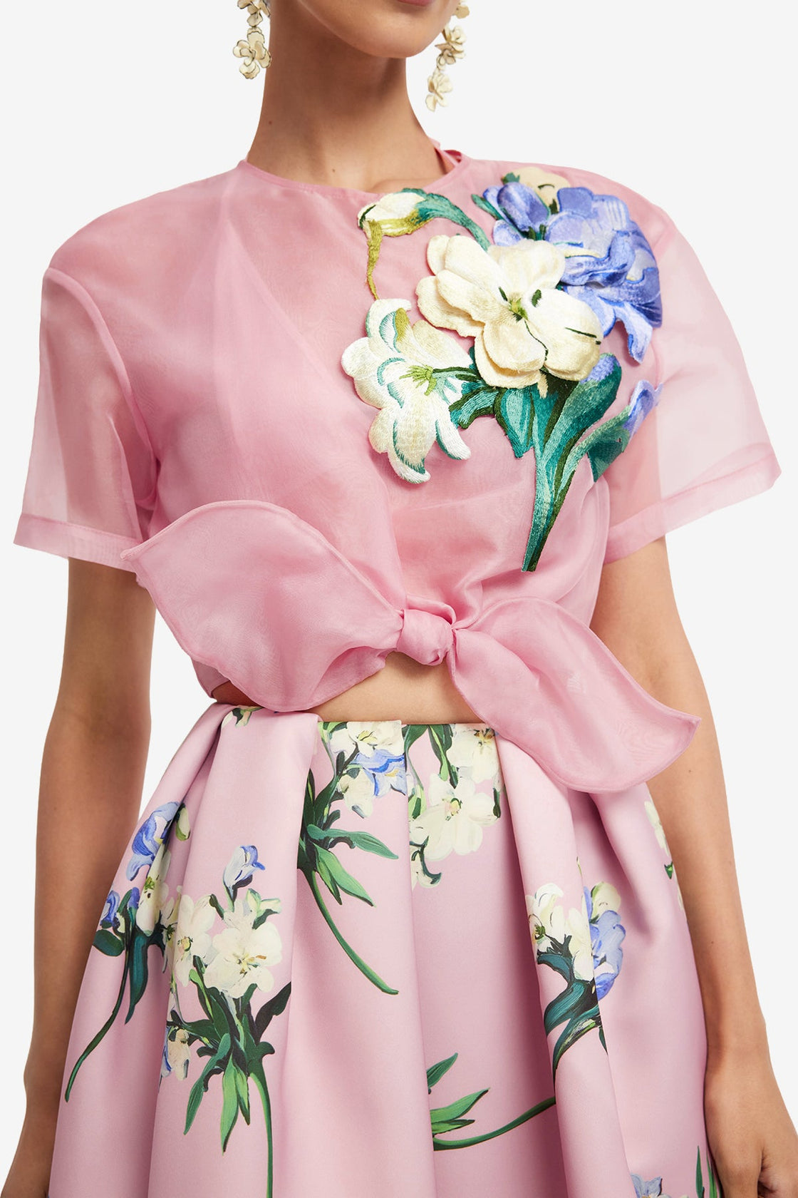 Riley Embroidered Sleeve Top - Bouquet Print in Pastel Pink Tops