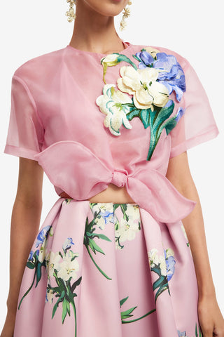 Riley Embroidered Sleeve Top - Bouquet Print in Pastel Pink Tops