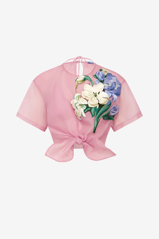 Riley Embroidered Sleeve Top - Bouquet Print in Pastel Pink Tops