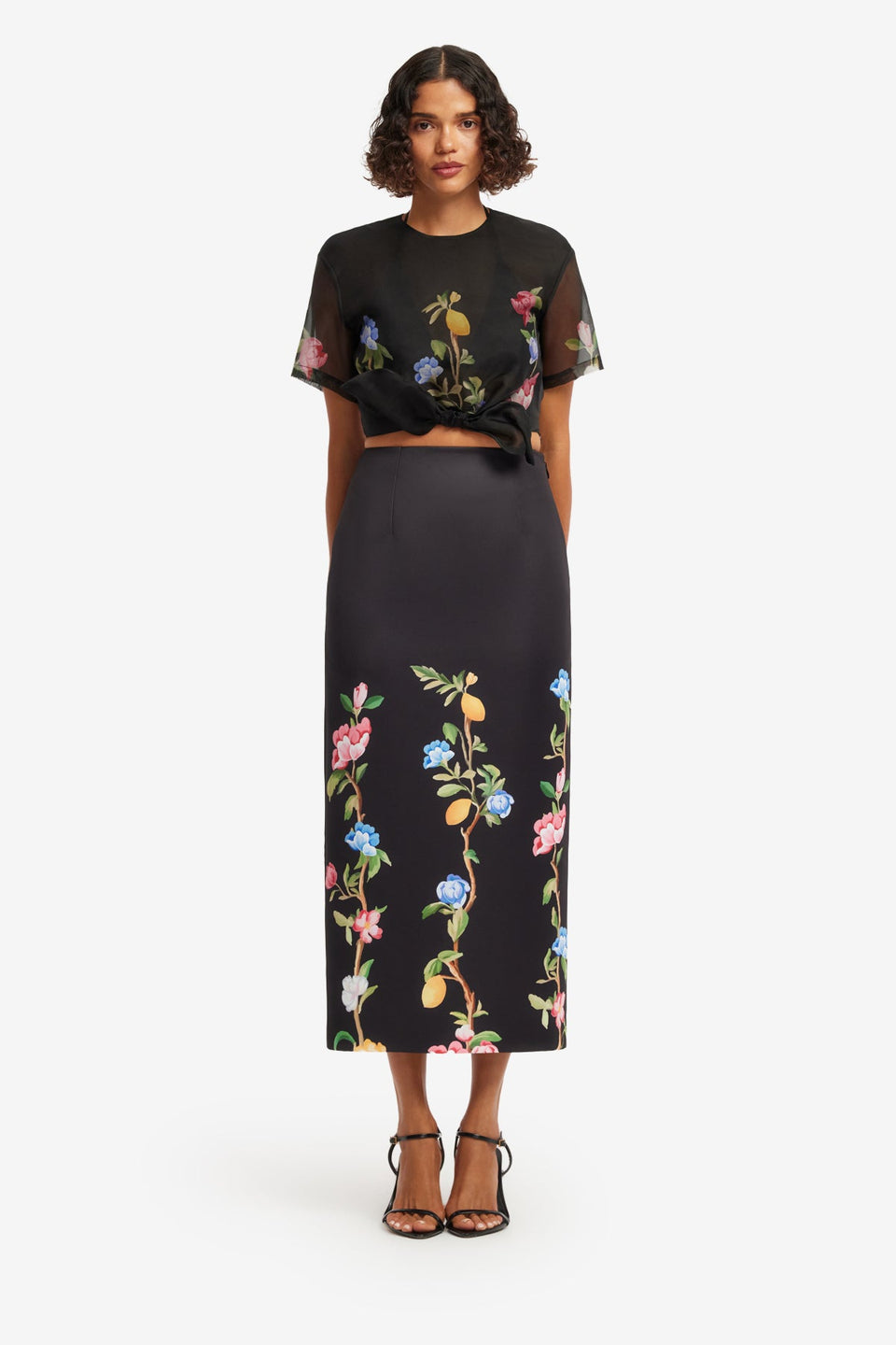 Quinn Midi Skirt - Lemon Vine Print in Ebony Skirts