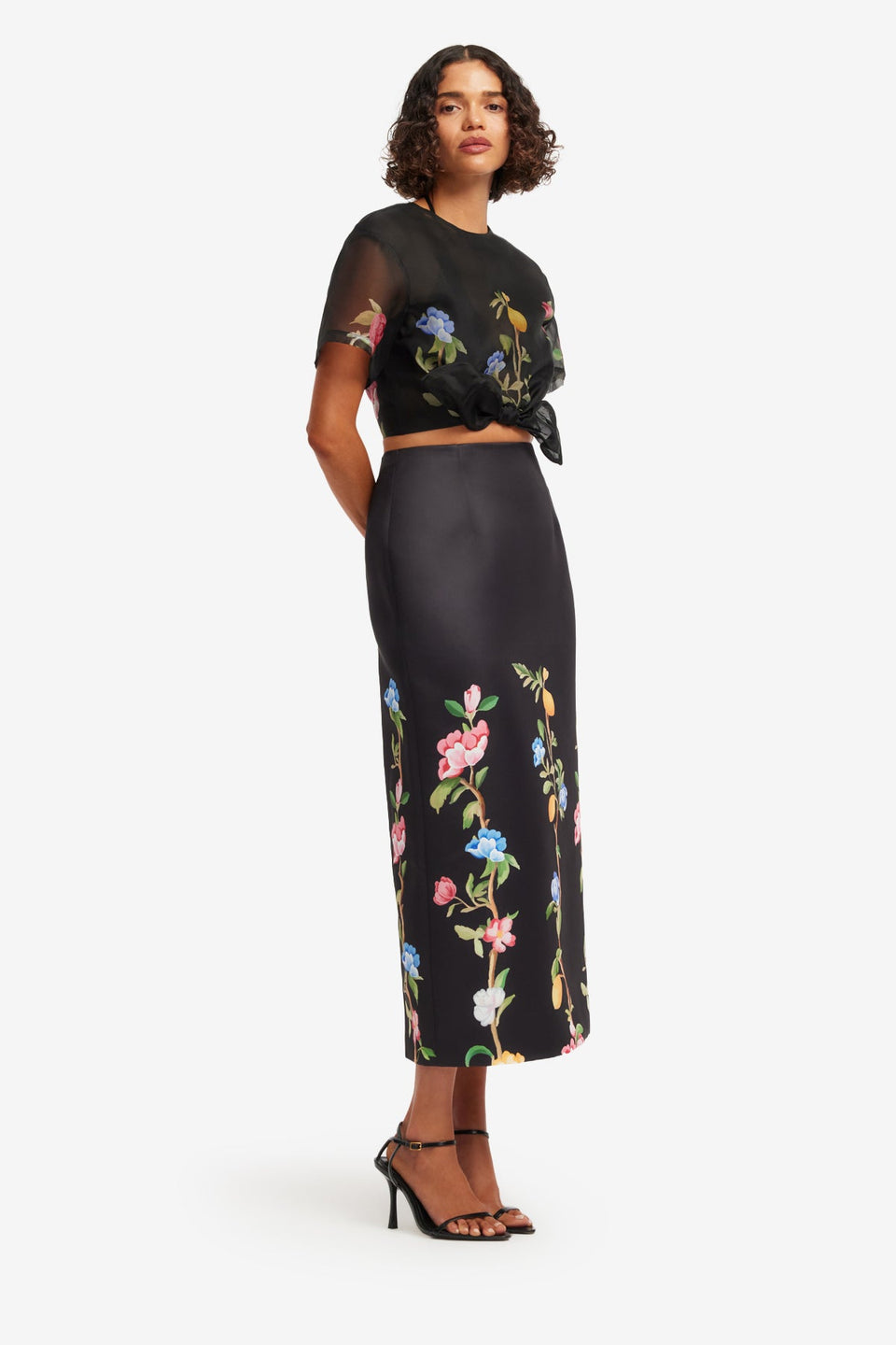 Quinn Midi Skirt - Lemon Vine Print in Ebony Skirts