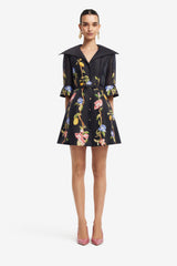 Genevieve Sleeve Mini Dress - Lemon Vine Print in Ebony Dress Mini