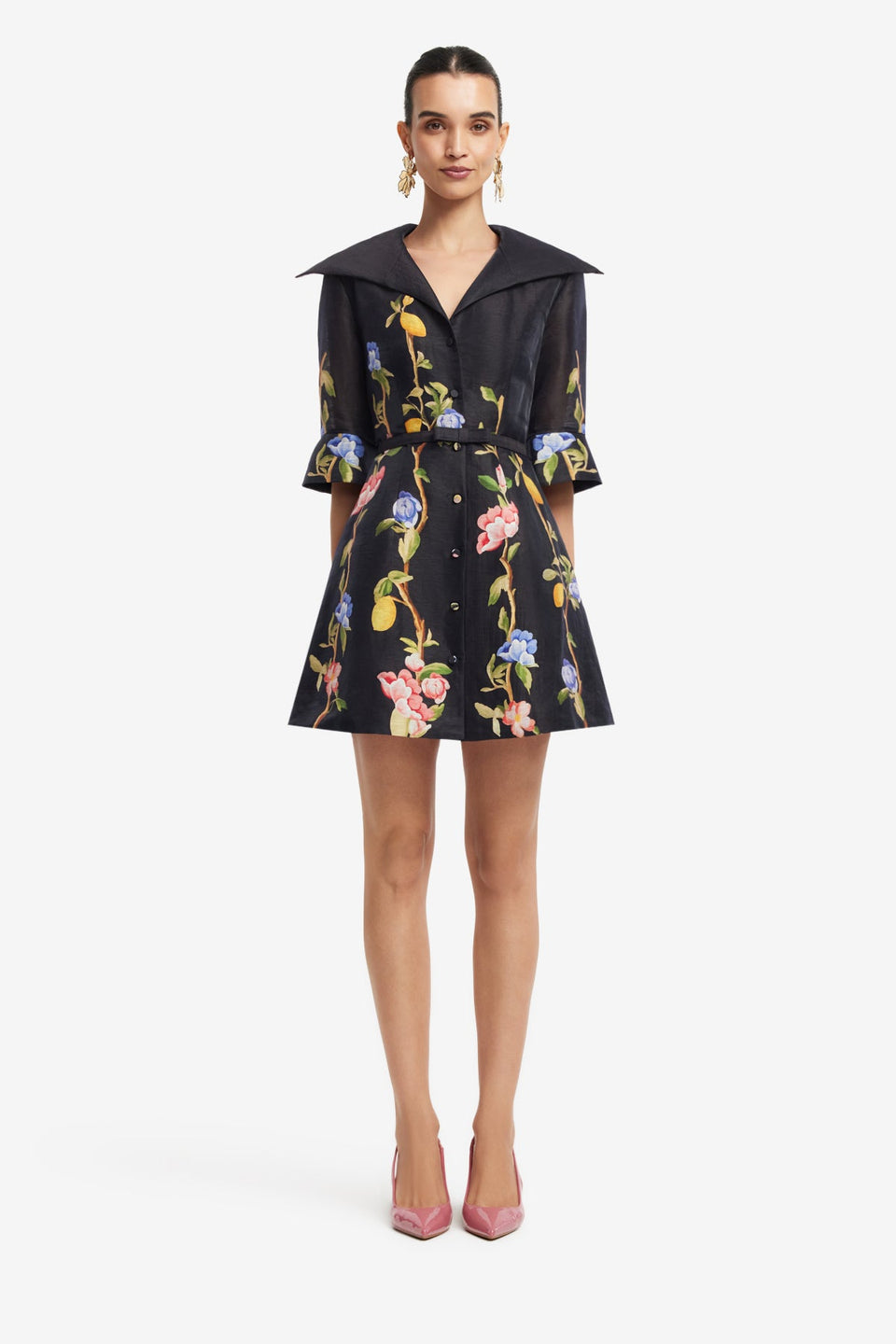 Genevieve Sleeve Mini Dress - Lemon Vine Print in Ebony Dress Mini