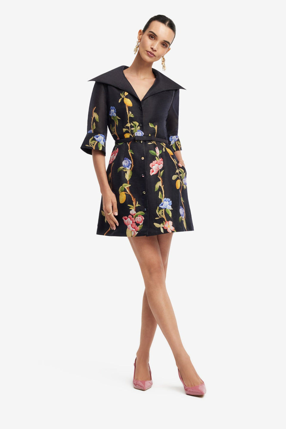 Genevieve Sleeve Mini Dress - Lemon Vine Print in Ebony Dress Mini