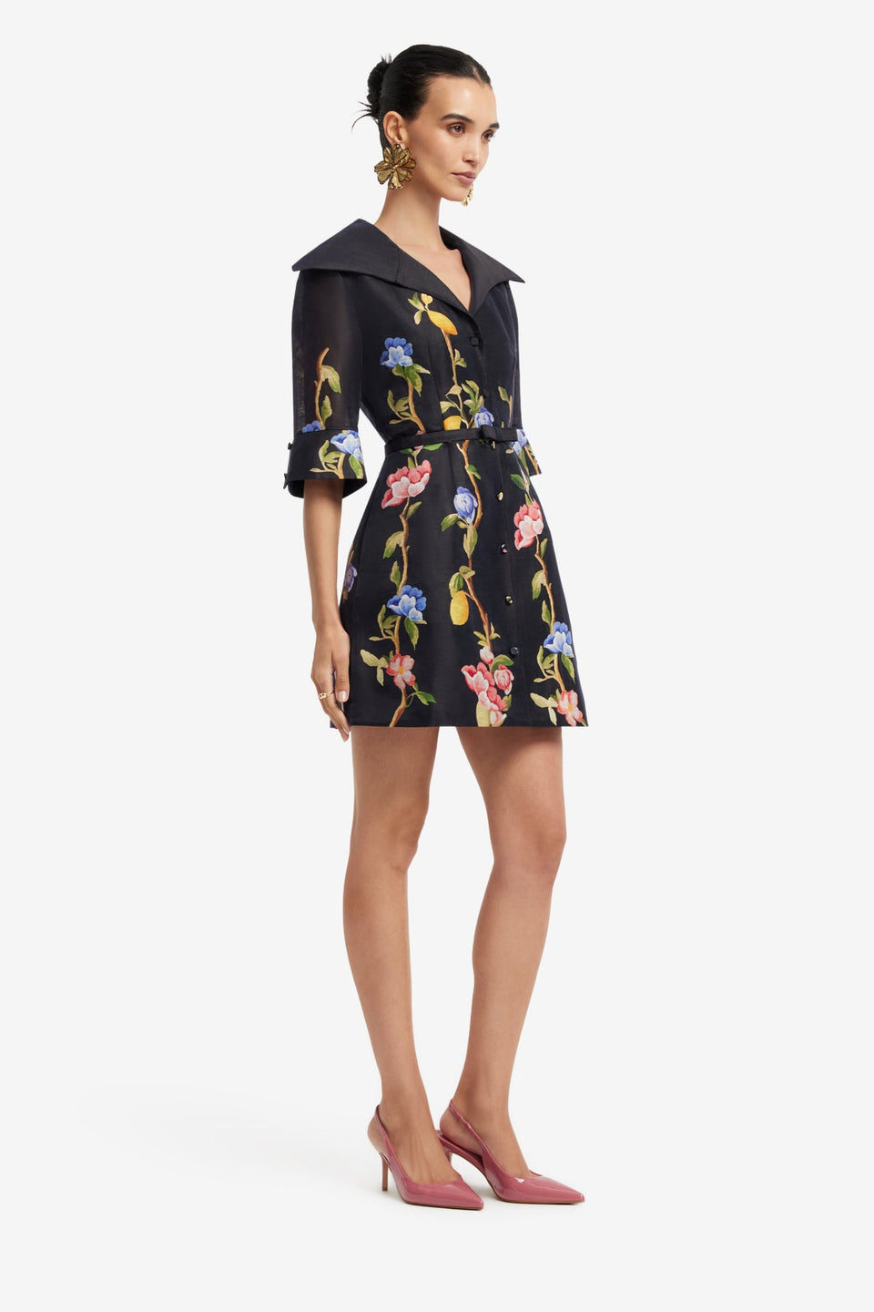 Genevieve Sleeve Mini Dress - Lemon Vine Print in Ebony Dress Mini