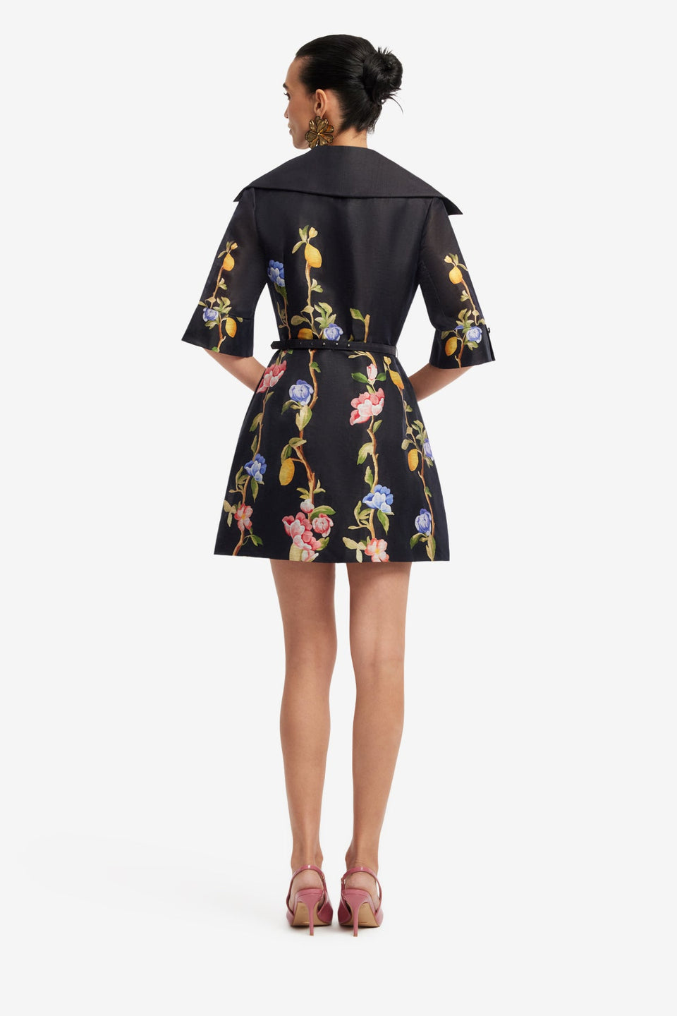 Genevieve Sleeve Mini Dress - Lemon Vine Print in Ebony Dress Mini