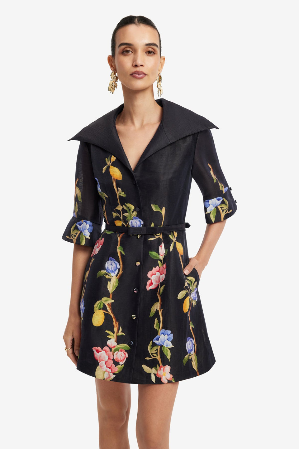 Genevieve Sleeve Mini Dress - Lemon Vine Print in Ebony Dress Mini