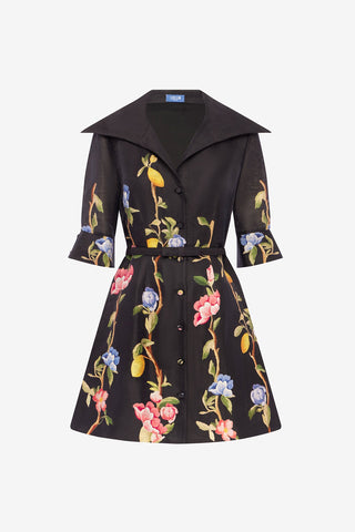 Genevieve Sleeve Mini Dress - Lemon Vine Print in Ebony Dress Mini