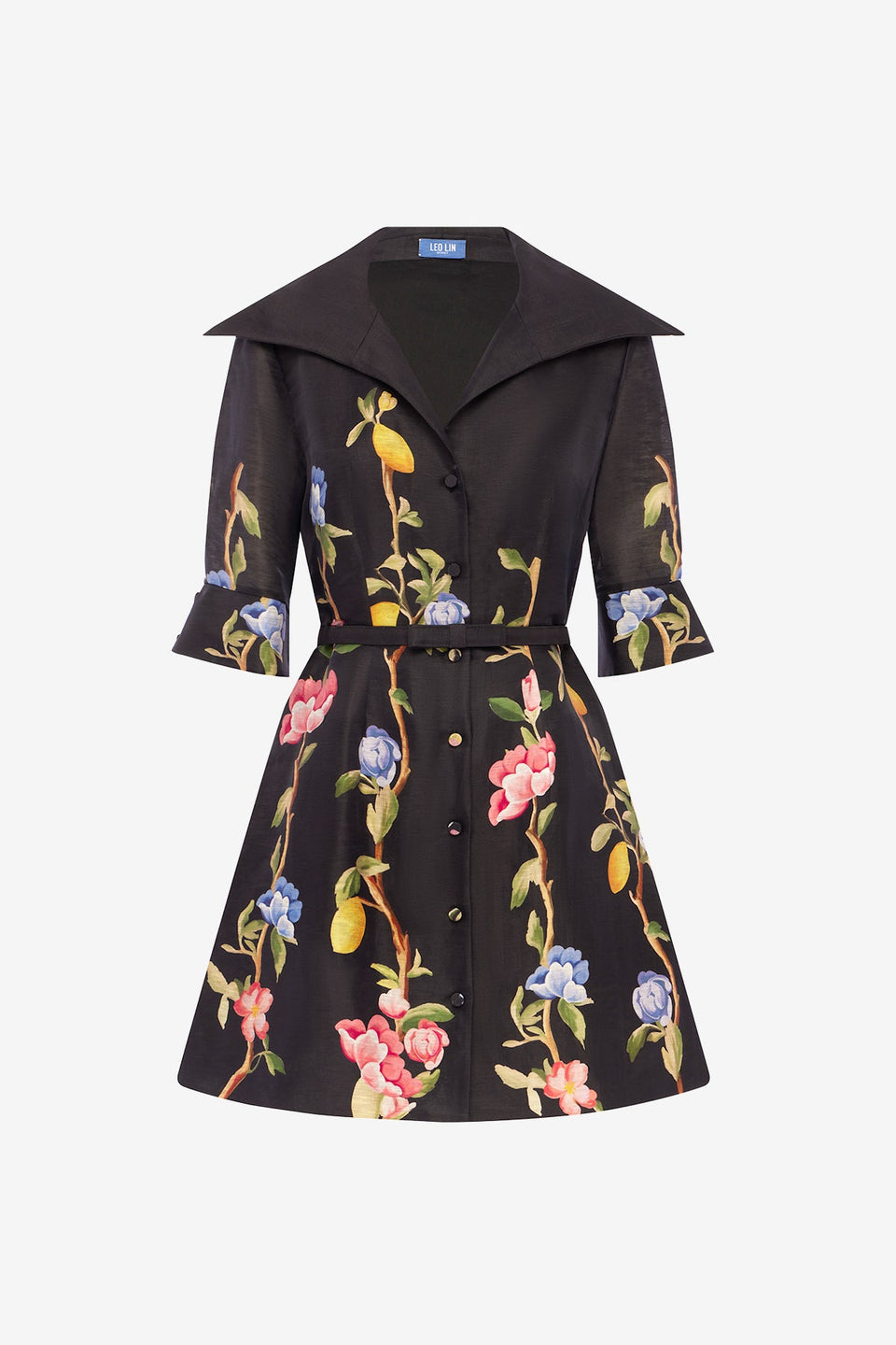 Genevieve Sleeve Mini Dress - Lemon Vine Print in Ebony Dress Mini