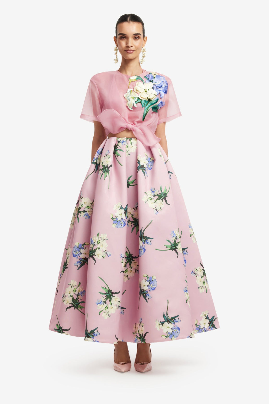 Victoria Puff Maxi Skirt - Bouquet Print in Pastel Pink Skirts