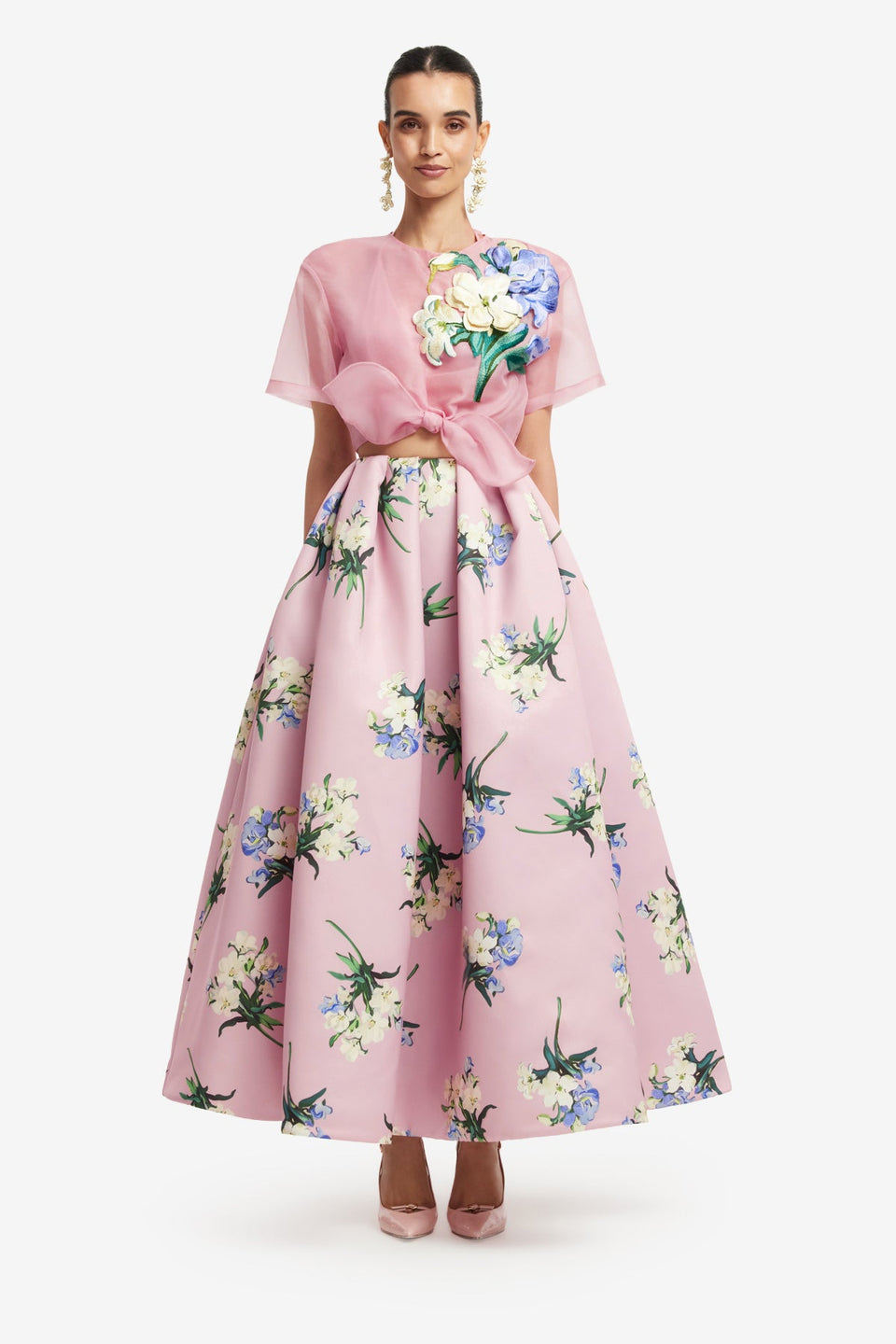 Exclusive LEO LIN Victoria Puff Maxi Skirt - Bouquet Print in Pastel Pink