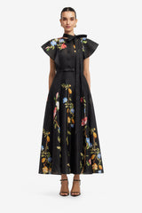 Elsie Flutter Sleeve Midi Dress - Lemon Vine Print in Ebony Dress Midi