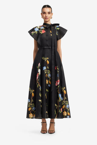 Elsie Flutter Sleeve Midi Dress - Lemon Vine Print in Ebony Dress Midi