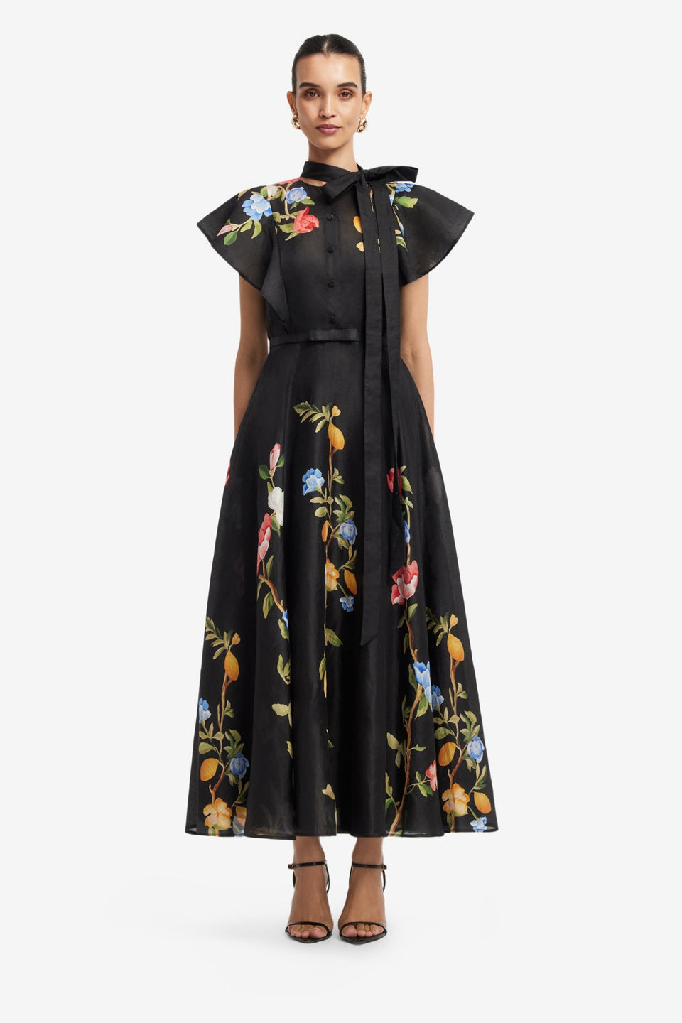 Elsie Flutter Sleeve Midi Dress - Lemon Vine Print in Ebony Dress Midi
