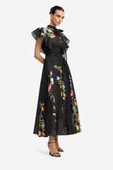 Elsie Flutter Sleeve Midi Dress - Lemon Vine Print in Ebony Dress Midi