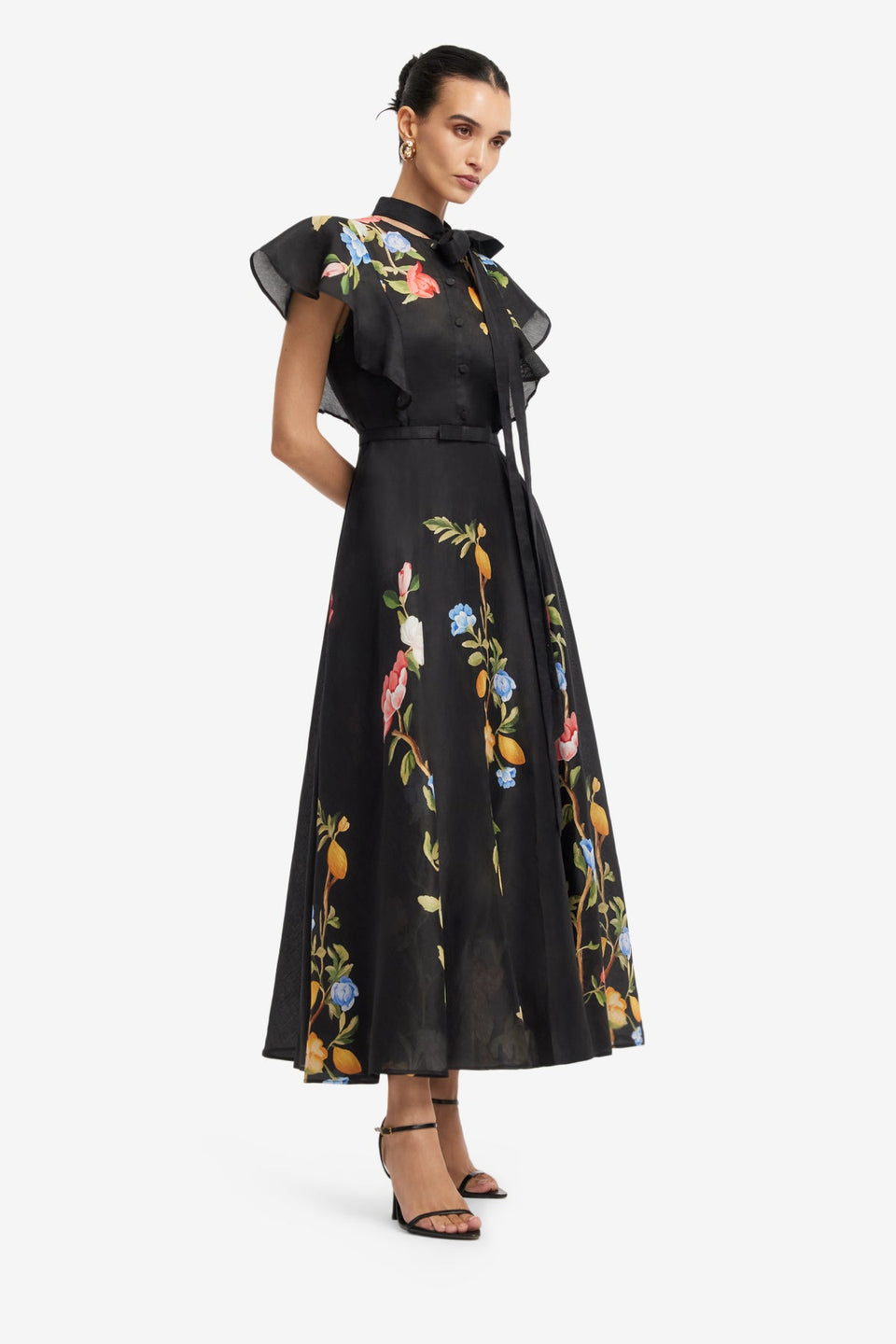Elsie Flutter Sleeve Midi Dress - Lemon Vine Print in Ebony Dress Midi