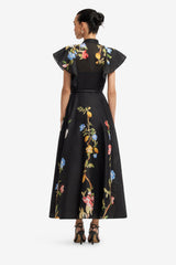 Elsie Flutter Sleeve Midi Dress - Lemon Vine Print in Ebony Dress Midi