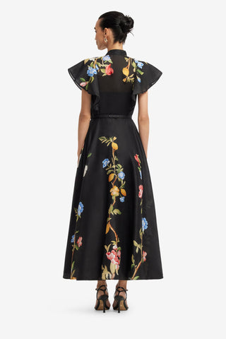 Elsie Flutter Sleeve Midi Dress - Lemon Vine Print in Ebony Dress Midi