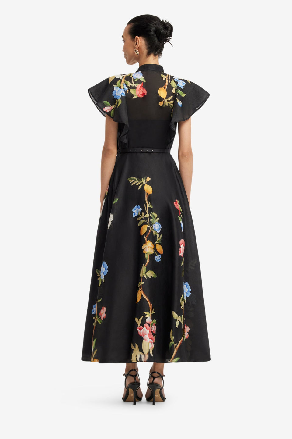 Elsie Flutter Sleeve Midi Dress - Lemon Vine Print in Ebony Dress Midi