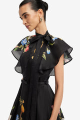Elsie Flutter Sleeve Midi Dress - Lemon Vine Print in Ebony Dress Midi