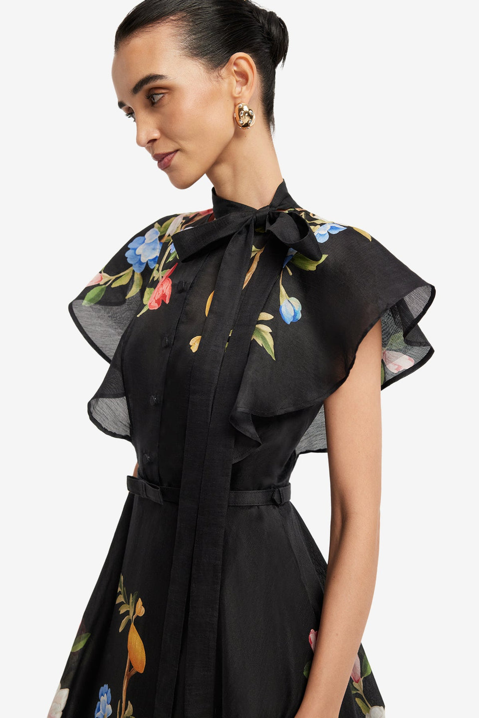 Elsie Flutter Sleeve Midi Dress - Lemon Vine Print in Ebony Dress Midi