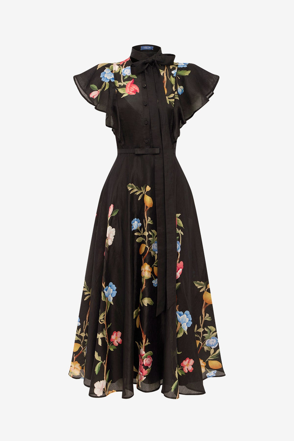 Elsie Flutter Sleeve Midi Dress - Lemon Vine Print in Ebony Dress Midi