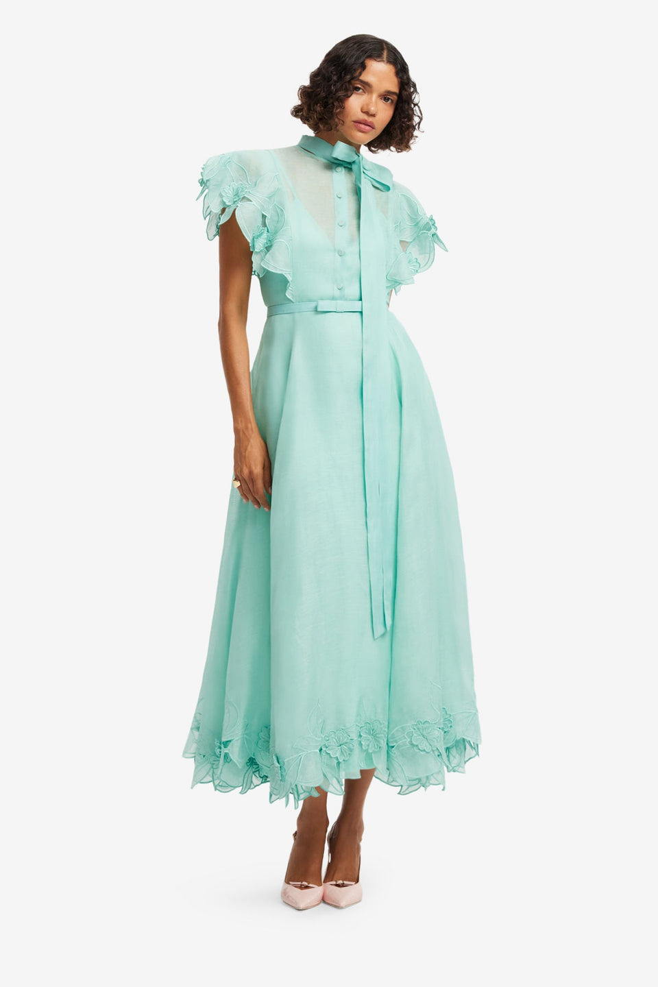 Elsie Appliqué Flutter Sleeve Maxi Dress - Pale Turquoise Dress Midi