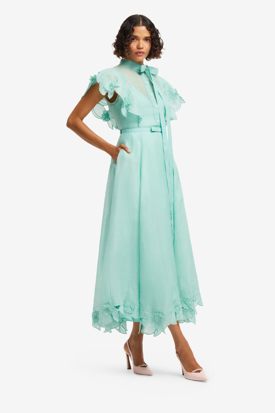 Elsie Appliqué Flutter Sleeve Maxi Dress - Pale Turquoise Dress Midi