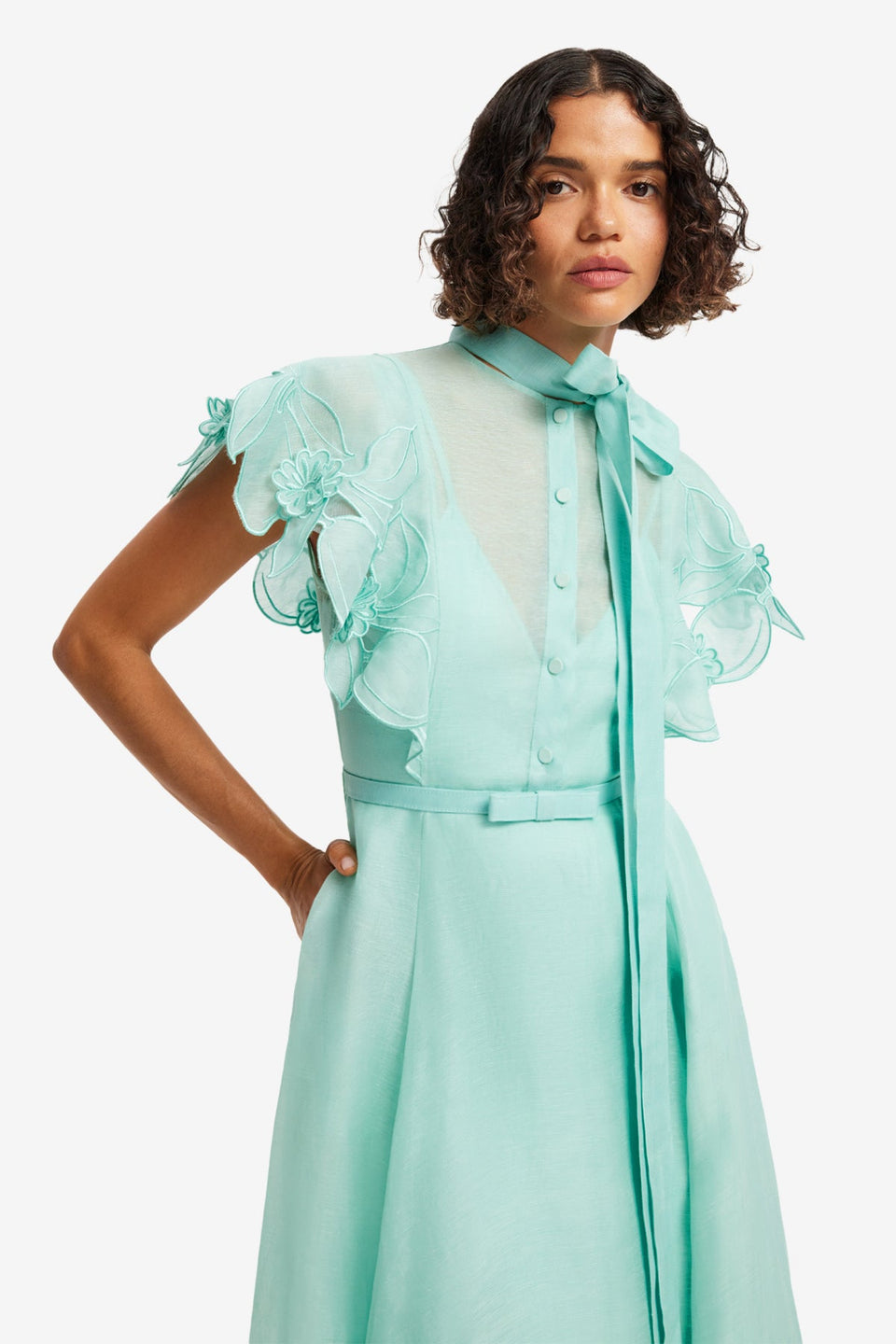 Elsie Appliqué Flutter Sleeve Maxi Dress - Pale Turquoise Dress Midi